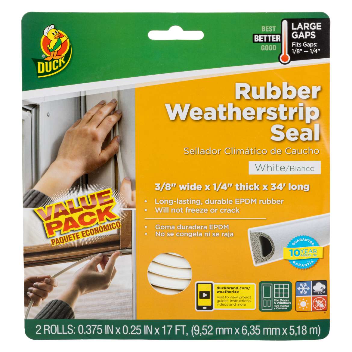 Duck® Brand Heavy-Duty Weatherstrip Seal - Large Gap, 2 pk, .38 in. x .25 in. x 17 ft.
