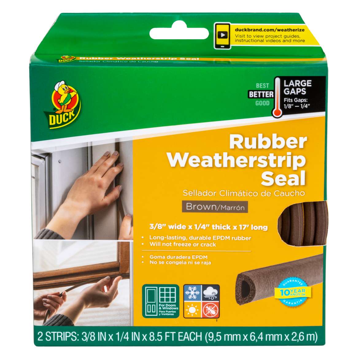 Duck® Brand Heavy-Duty Weatherstrip Seal - Large Gap, Brown, .38 in. x .25 in. x 17 ft.