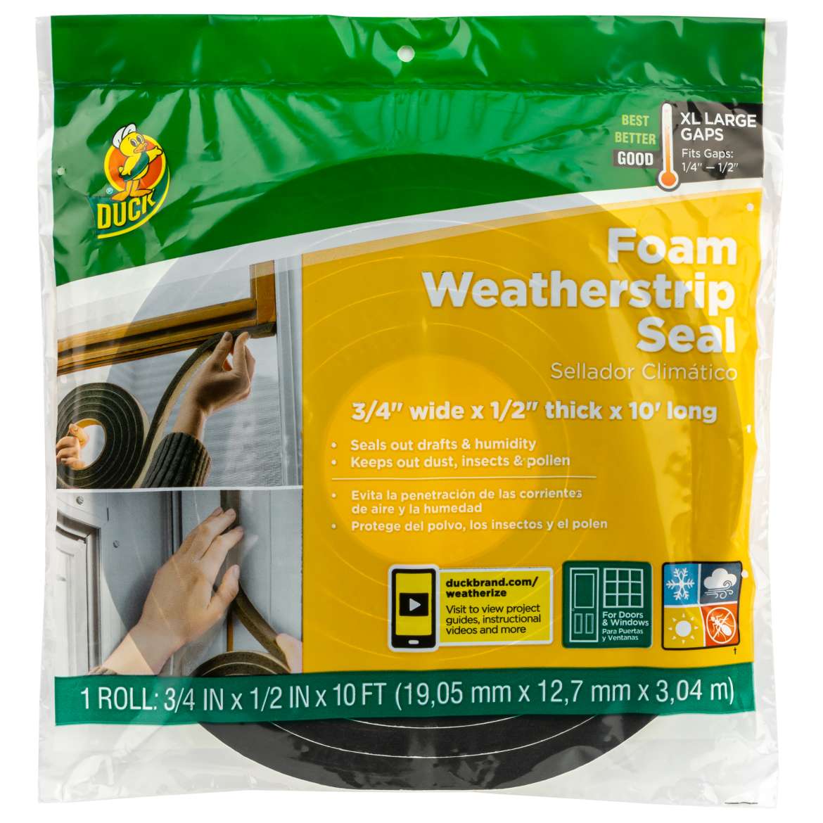 Duck® Brand Foam Weatherstrip Seals - Charcoal, .75 in. x .5 in. x 10 ft.
