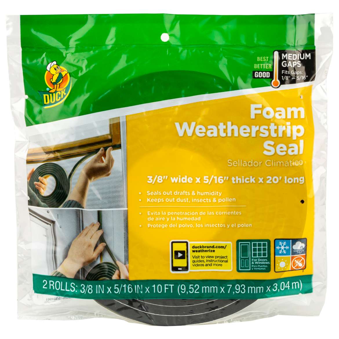 Duck® Brand Foam Weatherstrip Seal - Charcoal, 2 pk, 3/8 in. x 5/16 in. x 10 ft.