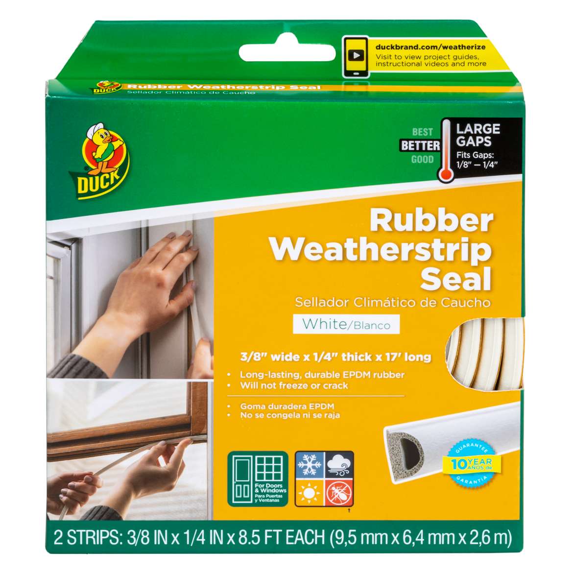 Duck® Brand Heavy-Duty Weatherstrip Seal - Large Gap, White, .38 in. x .25 in. x 17 ft.