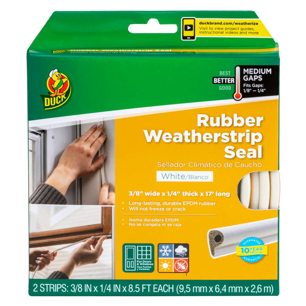 Duck® Brand Heavy-Duty Weatherstrip Seal - Medium Gap, White .38 in. x .25 in. x 17 ft.