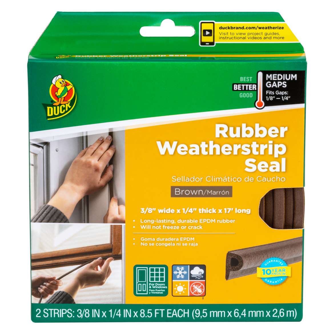 Duck® Brand Heavy-Duty Weatherstrip Seal - Medium Gap, Brown, .38 in. x .25 in. x 17 ft.